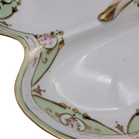 VTG Nippon Porcelain Handle Dish Basket Hand Painted Candy Dish Mint  White Gold - Picture 4 of 9